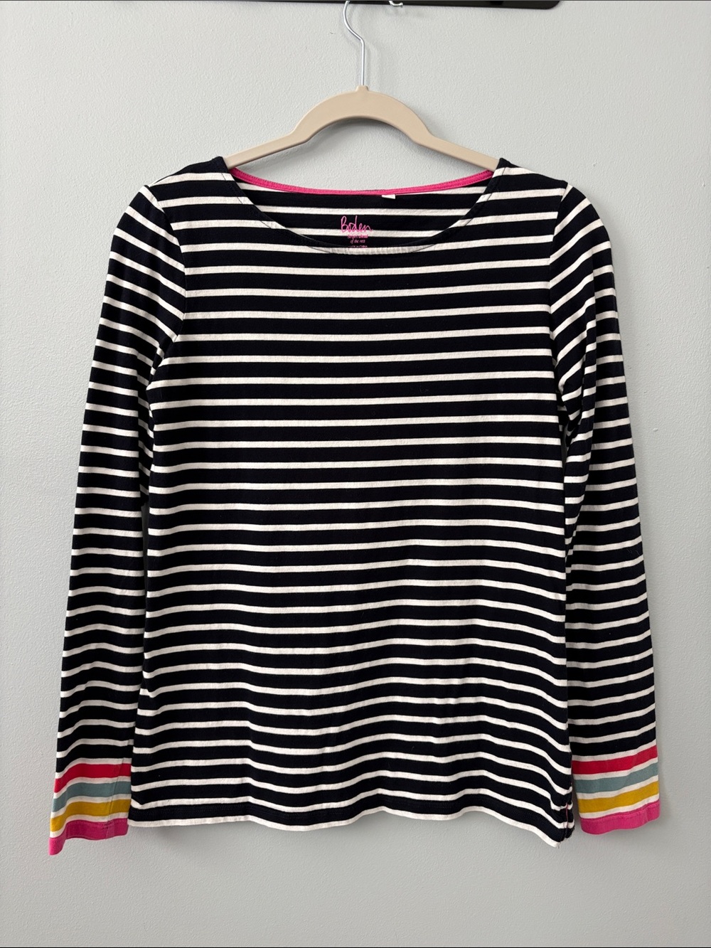 Boden Navy & White Striped Long Sleeve Tee with Colorful Cuff
